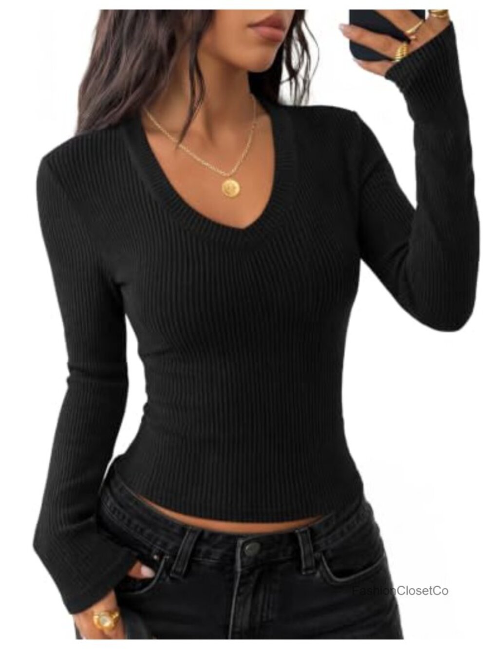 Women's V-Neck Ribbed Knit Long Sleeve Fitted T-Shirt Top